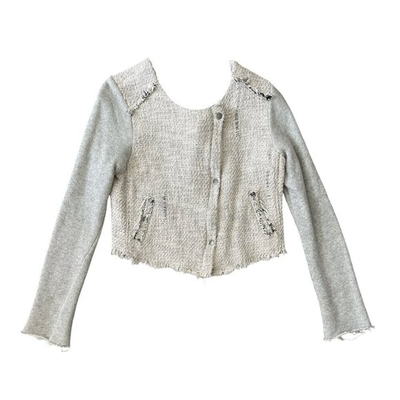 We The Free Tattered Tweed Button Front Cropped Raw Hem Moto Jacket Gray Cream 8 - Picture 2 of 8